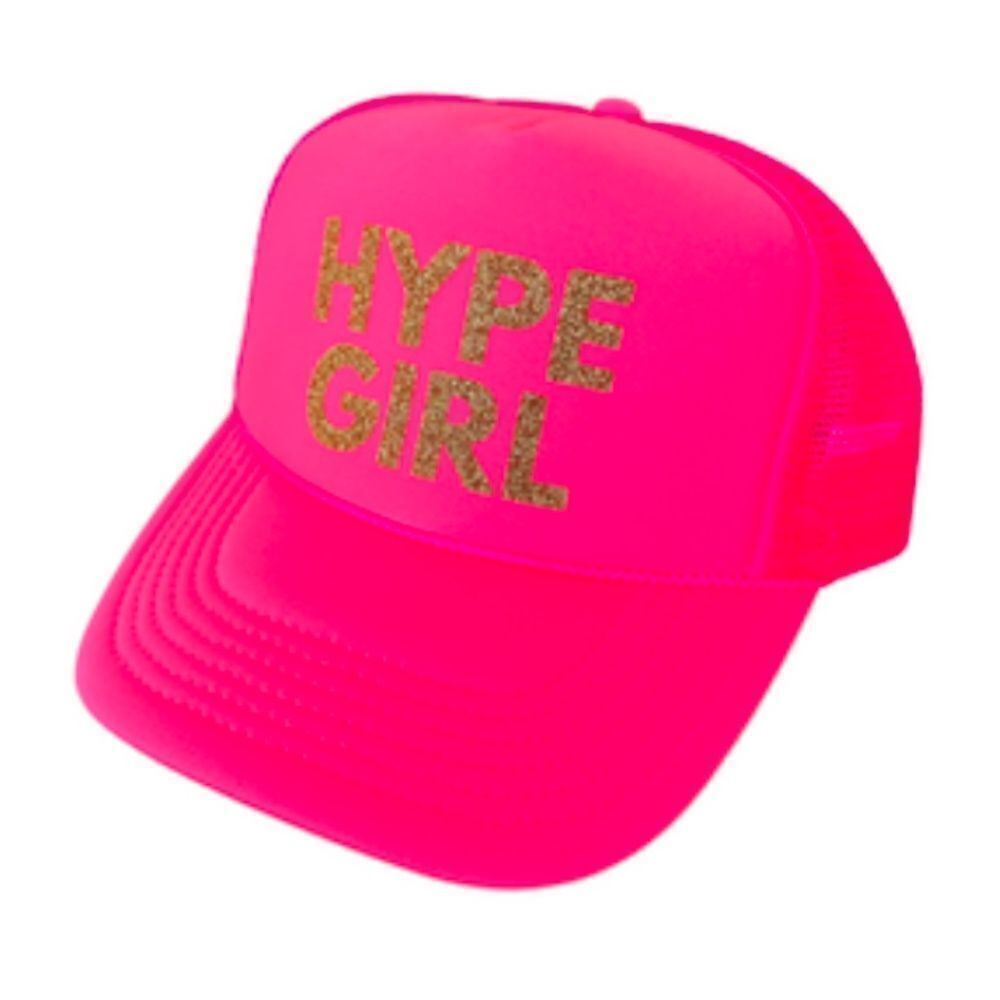 HYPE GIRL - Gold Glitter Writing Hot Pink Trucker Hat BRAND NEW - Mesh Snap Back